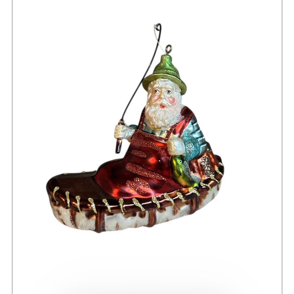 Midwest Cannon Falls Fishing Santa Ornament Handblown Glass Canoe Christmas NEW